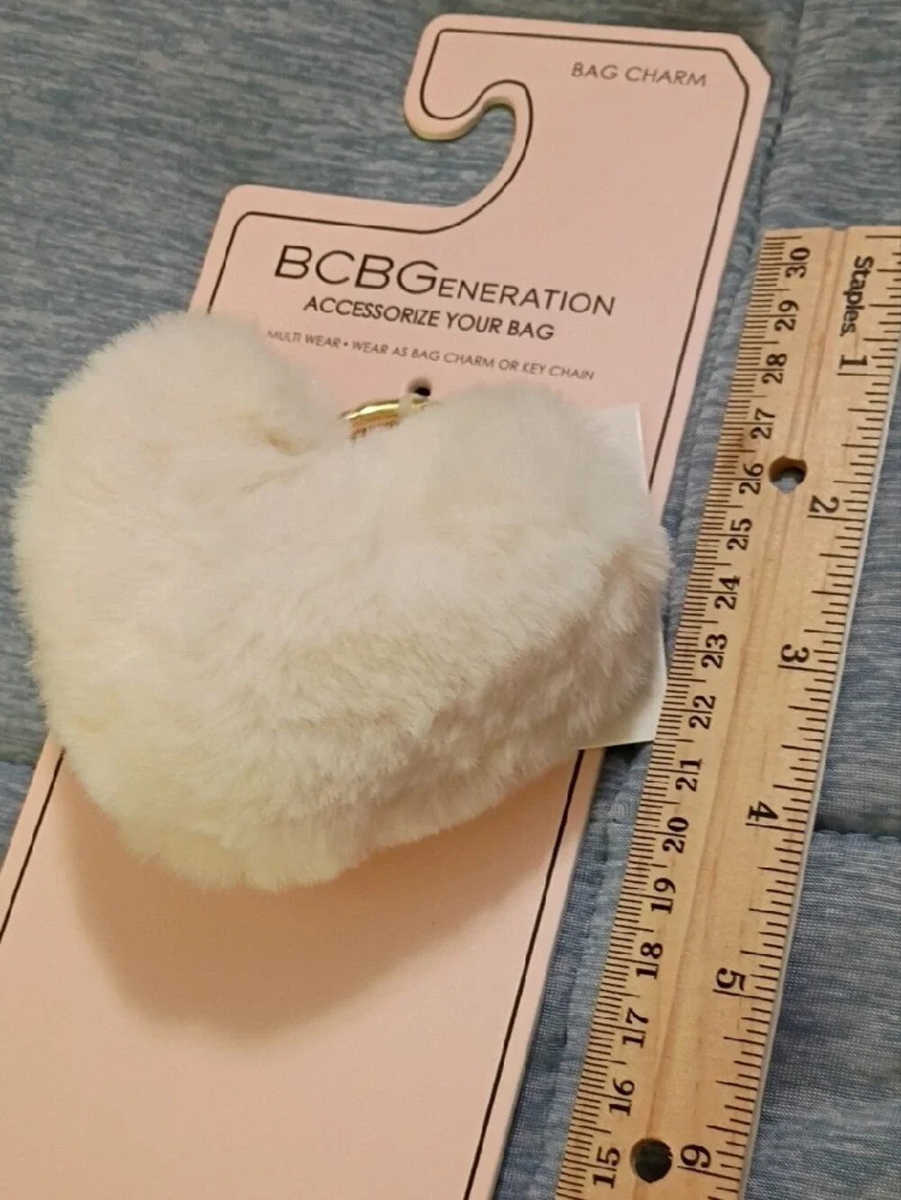 BCBGeneration Cream Heart Faux Fur Key & Bag Charm with Gold Ring